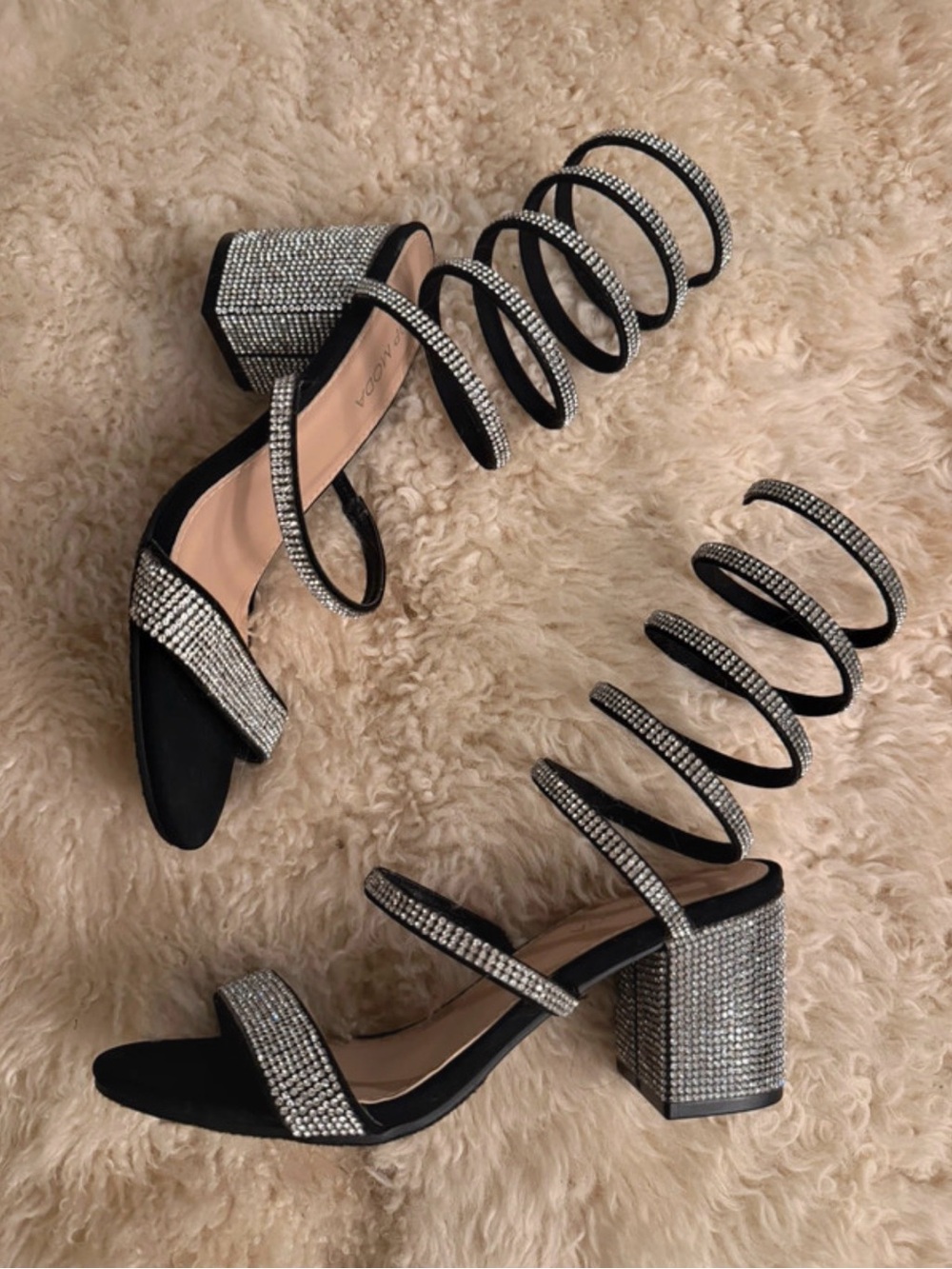 TOP Moda Black Crystal Spiral Strap Block Heels